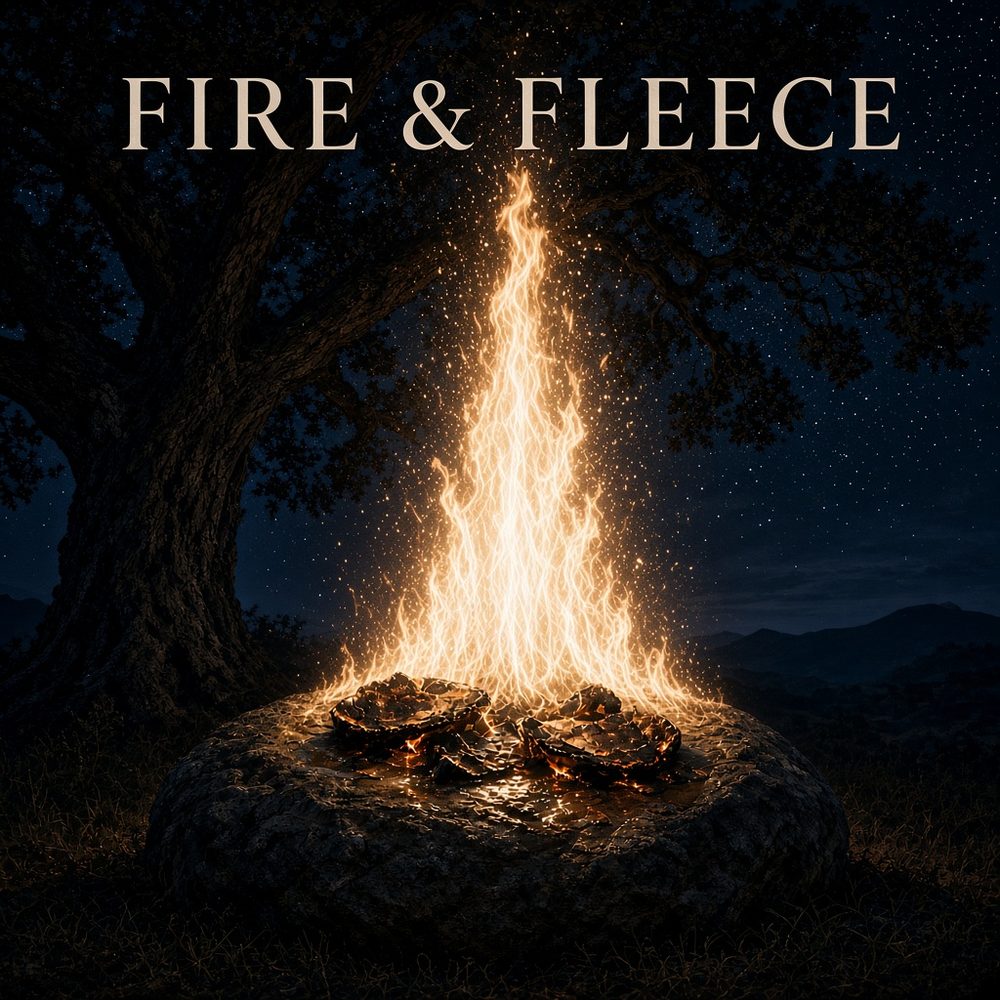 Fire & Fleece cover art: holy fire rising from a bare rock under an oak tree at night, with the words Fire & Fleece above.